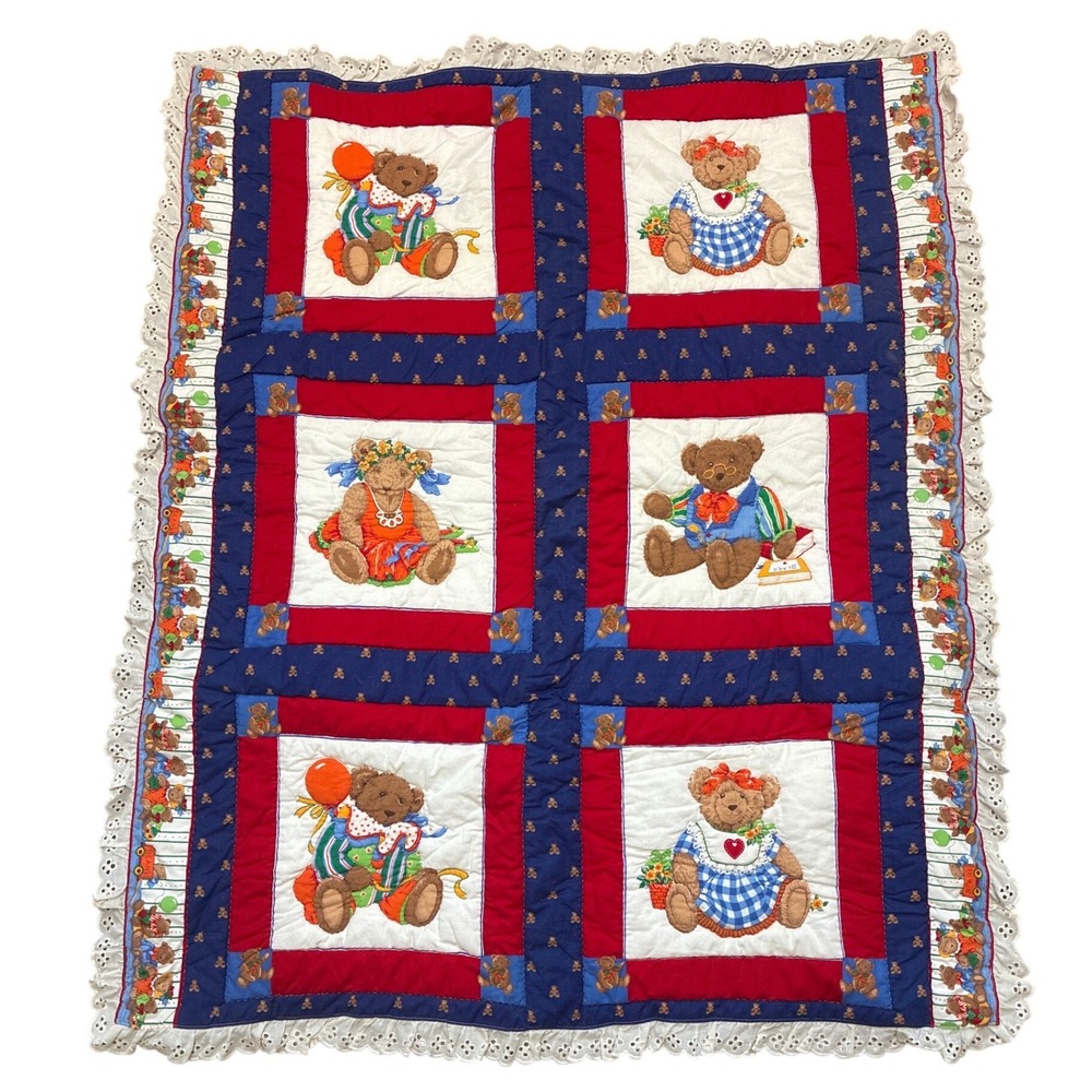 Vintage Crib Blanket‎ Red Blue Teddy Bear Quilted Eyelet Lace Ruffle Trim 50x45"